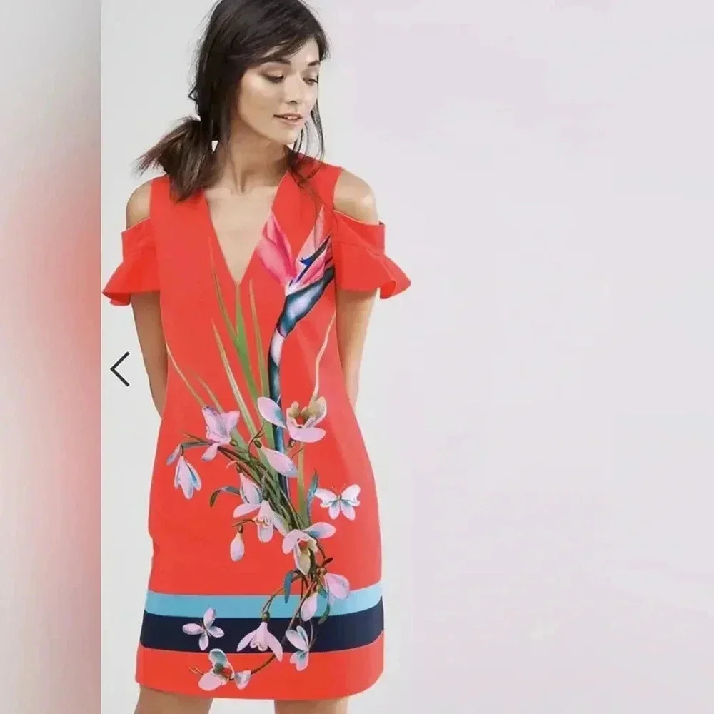 Ted Baker Leea Orange Colorful Floral Print Cold Shoulder Dress Size 4,  012 - Picture 2 of 10